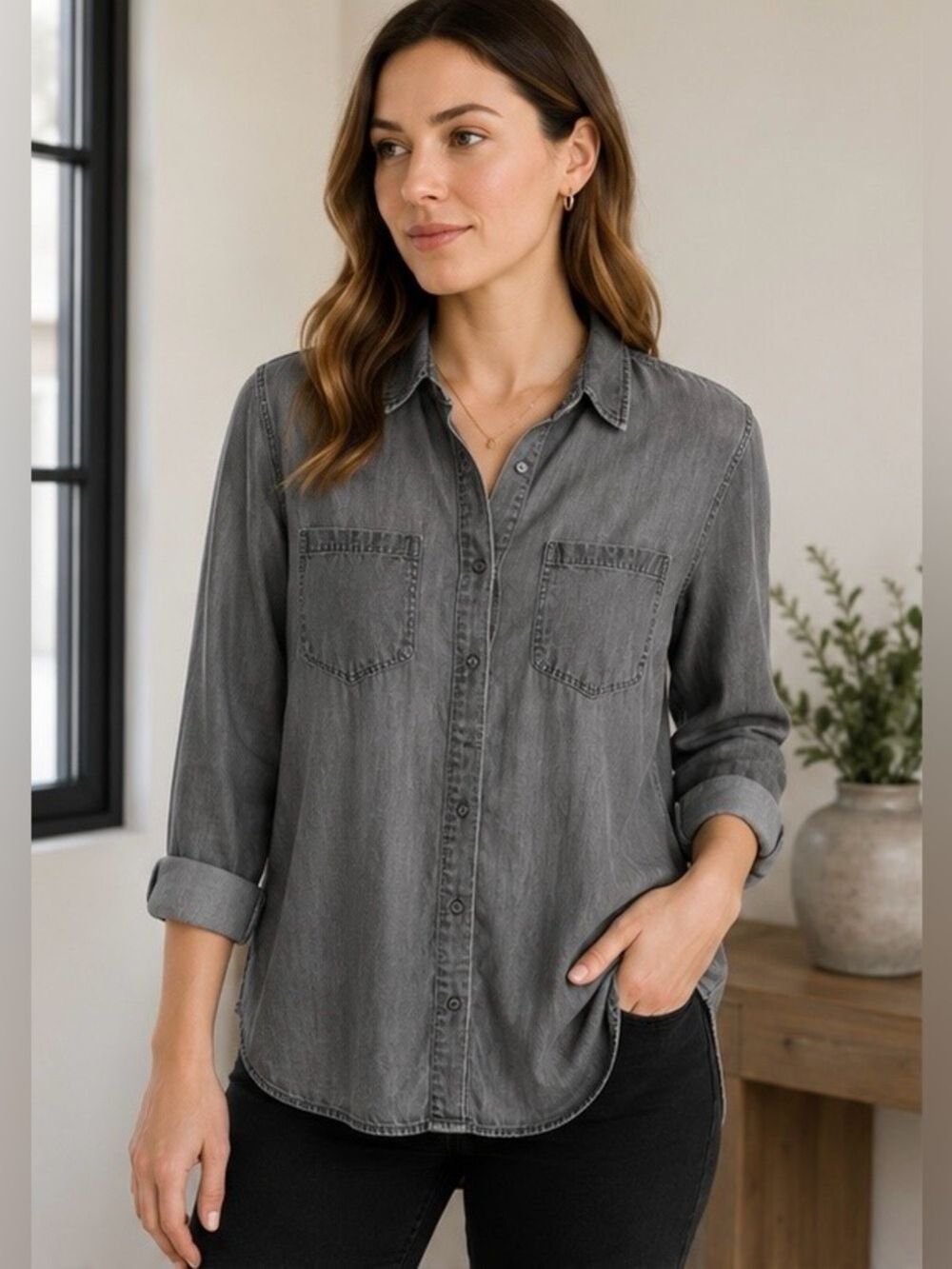 Liverpool Gray Button-Up Shirt with Tail. Size Medium